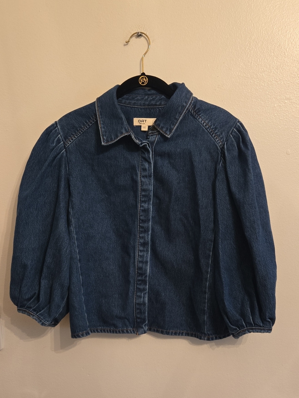 OAT New York Denim  Button Up Top With Puff Sleeves Womens Size Small